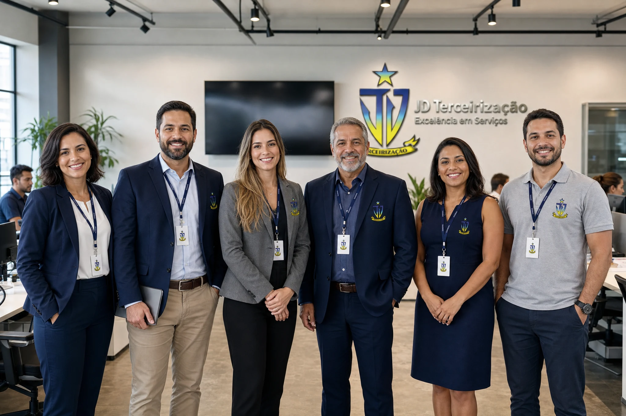 Equipe da JD reunida em ambiente corporativo