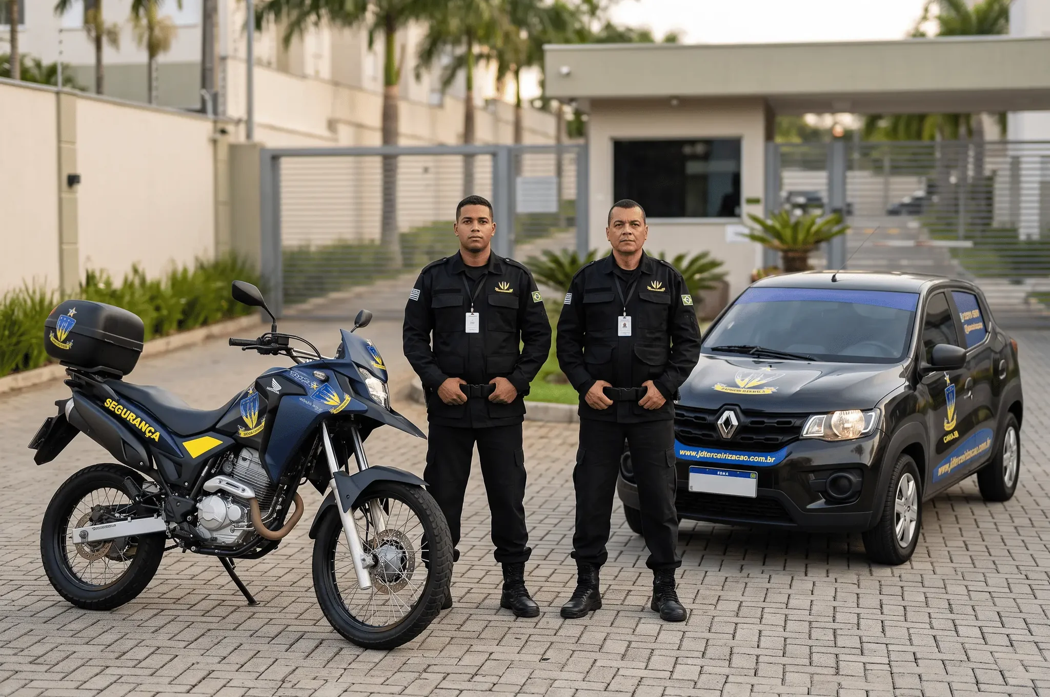 Equipe de segurança da JD com motocicleta e veículo operacional